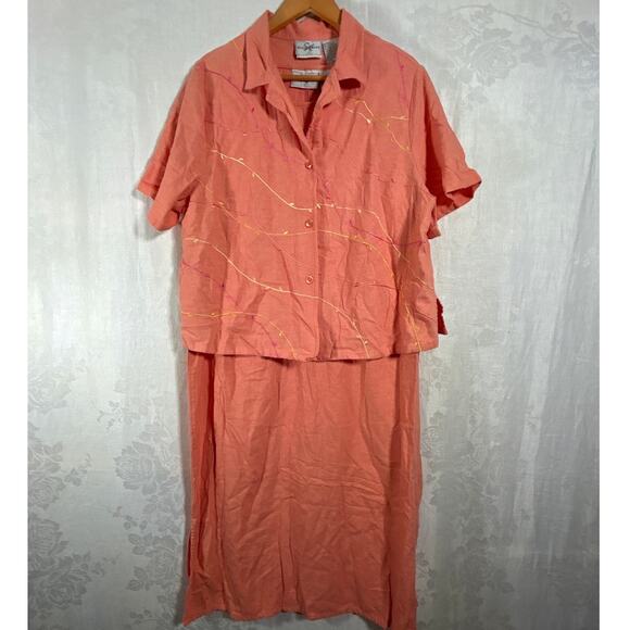 Vintage Dress Set 22W Coral Linen Blend Embroidered Tank Button Up Jacket - Picture 1 of 13